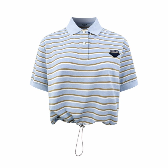 1:1 quality version Triangle Leather Patch Multi Tone Horizontal Stripe Collared Polo Drawstring Waist Convertible Polo Shirt 29330346