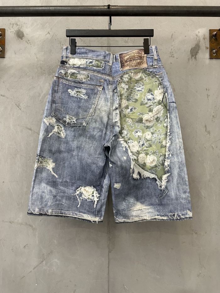 1:1 quality version Heavy Wash Bleach Torn Rip Fray Vintage Floral Lining Patch Baggy Loose Five Inch Denim Bermuda Shorts 29330260
