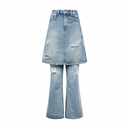 1:1 quality version High Waist Fake Two Piece Skirt Denim Pants Front Ripped Fray A Line Mini Skirt Spliced Flare Floor Denim Jeans 29330253