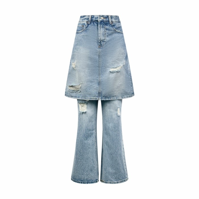 1:1 quality version High Waist Fake Two Piece Skirt Denim Pants Front Ripped Fray A Line Mini Skirt Spliced Flare Floor Denim Jeans 29330253