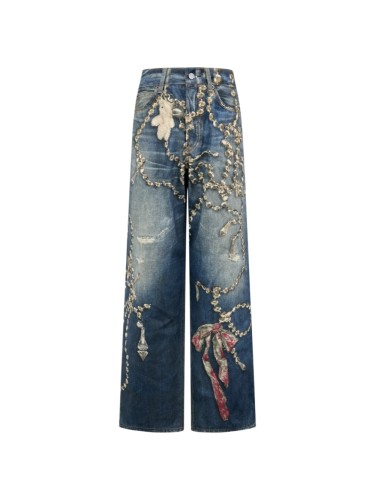 1:1 quality version Metal Chain Print Hanging Plush Bear Bow Embroidery Small Rip Loose Straight Denim Jeans 29330290