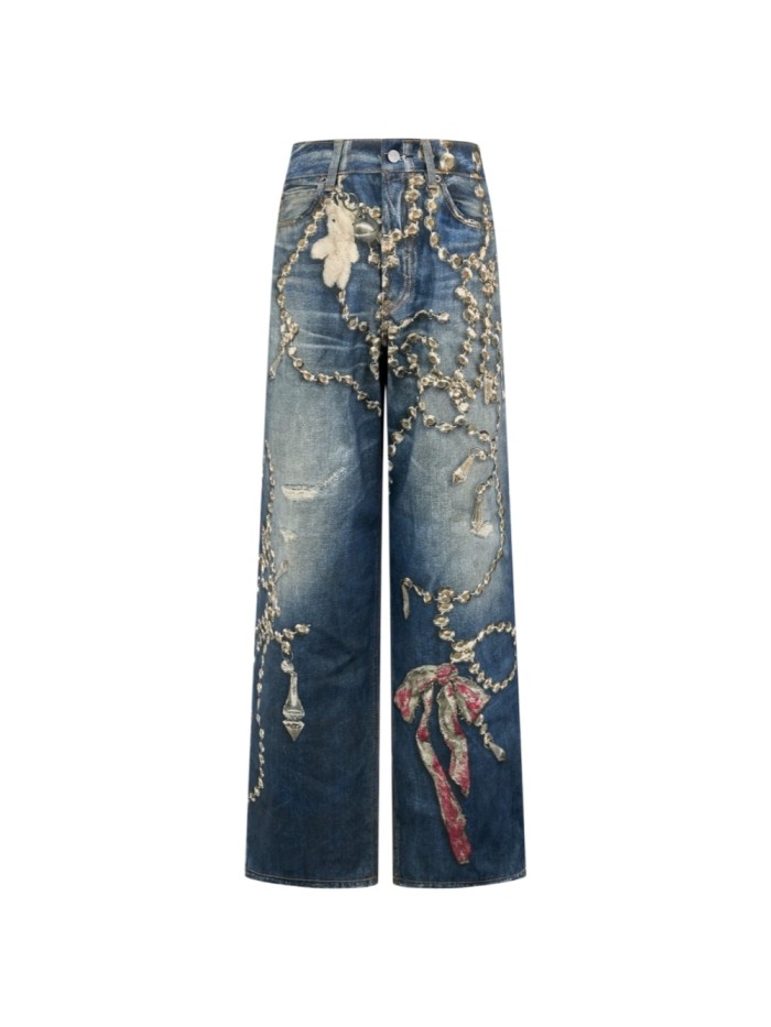 1:1 quality version Metal Chain Print Hanging Plush Bear Bow Embroidery Small Rip Loose Straight Denim Jeans 29330290