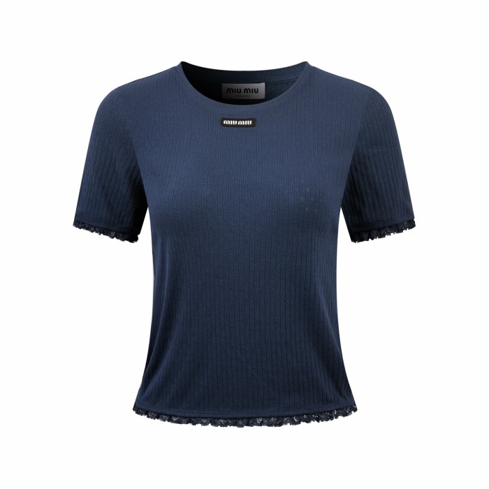 1:1 quality version Miu Woven Label Vertical Eyelet Jacquard Cuff Hem Lace Fringe Slim T-shirt 3 colors 29330298
