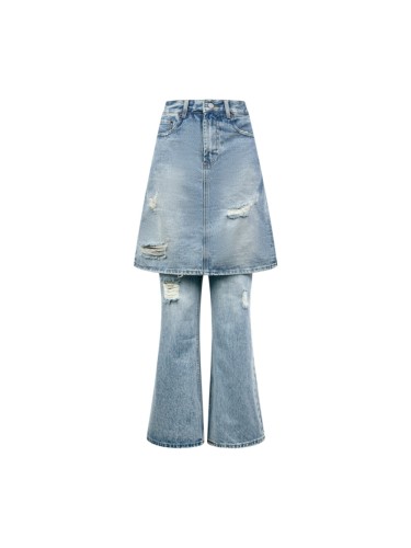 1:1 quality version High Waist Fake Two Piece Skirt Denim Pants Front Ripped Fray A Line Mini Skirt Spliced Flare Floor Denim Jeans 29330253