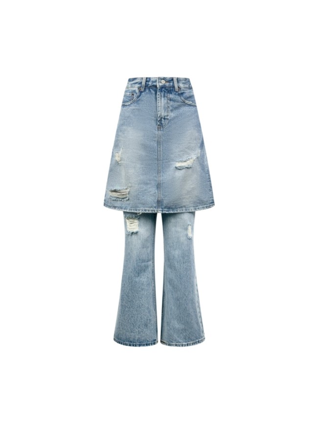 1:1 quality version High Waist Fake Two Piece Skirt Denim Pants Front Ripped Fray A Line Mini Skirt Spliced Flare Floor Denim Jeans 29330253