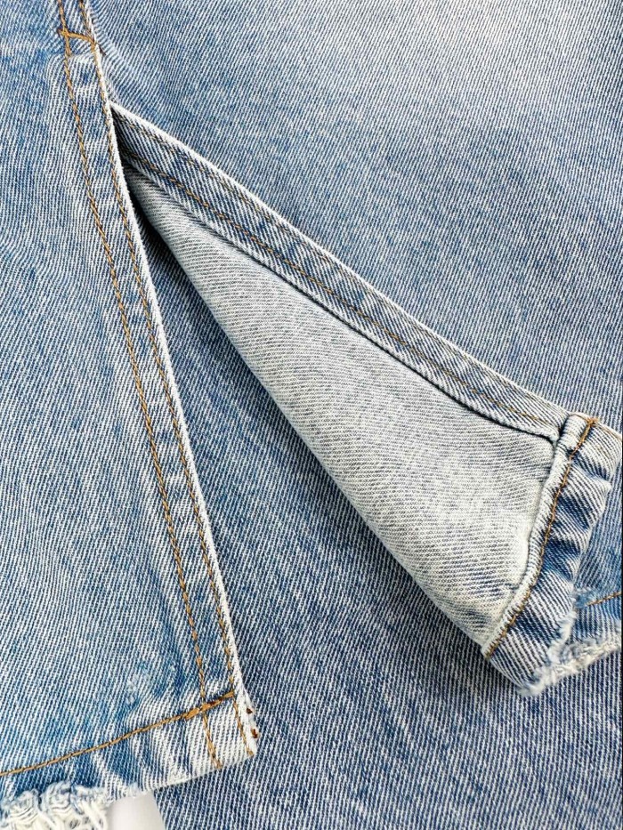 1:1 quality version High Waist Fake Two Piece Skirt Denim Pants Front Ripped Fray A Line Mini Skirt Spliced Flare Floor Denim Jeans 29330253
