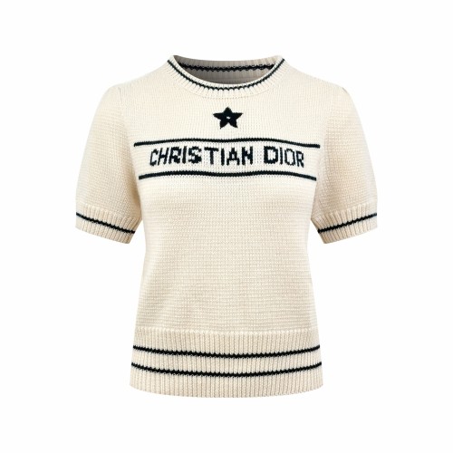 1:1 quality version Letter Five Point Star Jacquard Neck Cuff Hem Double Contrast Stripe Slim Cropped Knit T-shirt 2 colors 29330241