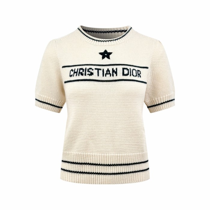 1:1 quality version Letter Five Point Star Jacquard Neck Cuff Hem Double Contrast Stripe Slim Cropped Knit T-shirt 2 colors 29330241