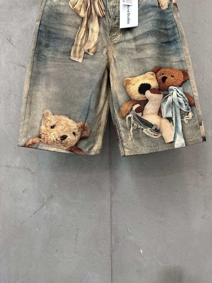 1:1 quality version Side Ribbon Bow Multi Position Broken Teddy Print Baggy Loose Five Inch Denim Bermuda Shorts 29330261