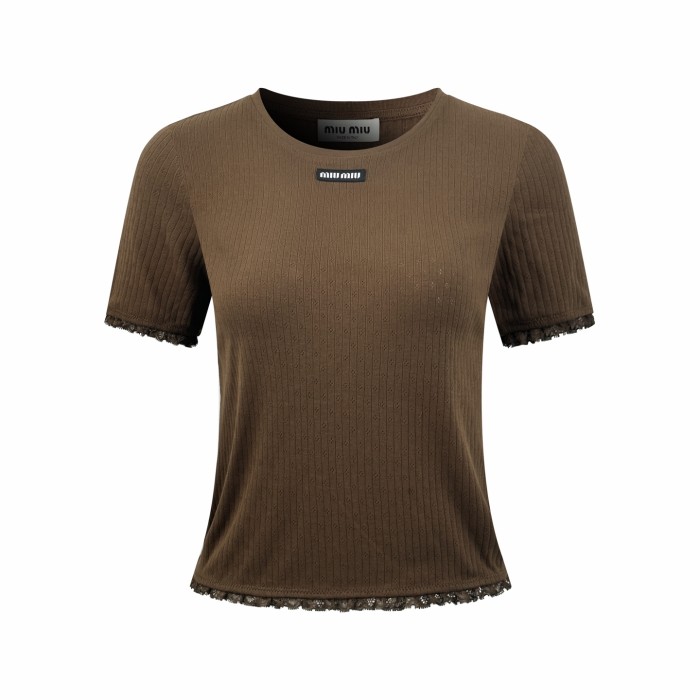1:1 quality version Miu Woven Label Vertical Eyelet Jacquard Cuff Hem Lace Fringe Slim T-shirt 3 colors 29330298