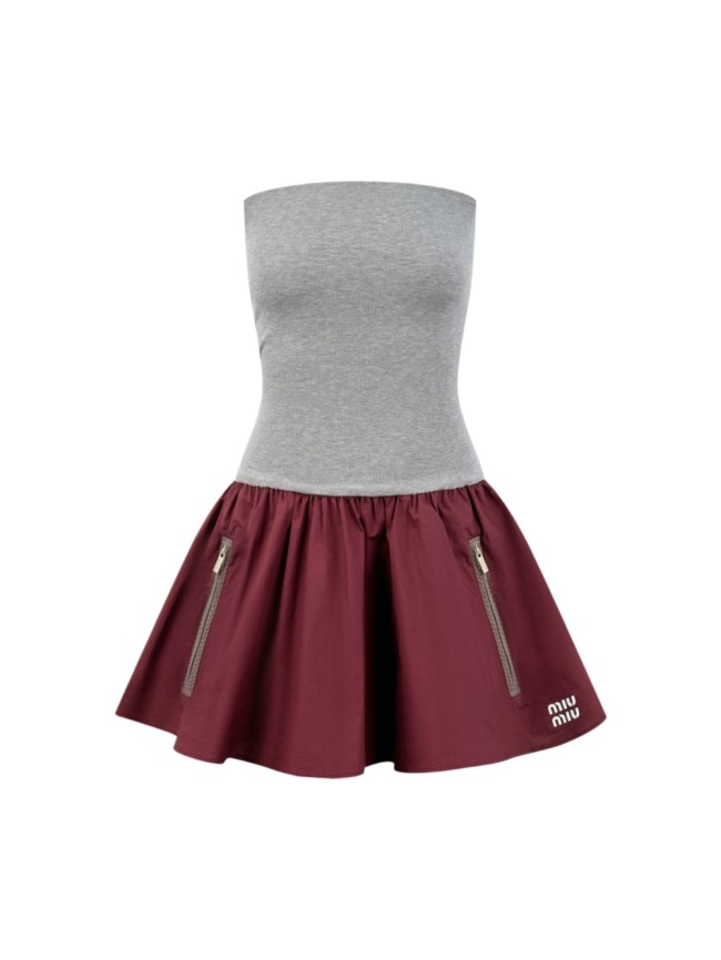 1:1 quality version Tube Top Waist Cinch Spliced Wine Red Poplin Gathered Flare Double Side Zipper Pockets Hem Letter Embroidery Mini One Piece Dress 29329408