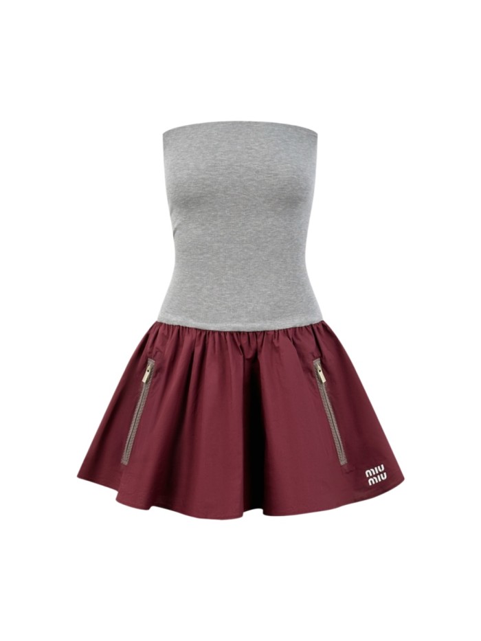 1:1 quality version Tube Top Waist Cinch Spliced Wine Red Poplin Gathered Flare Double Side Zipper Pockets Hem Letter Embroidery Mini One Piece Dress 29329408