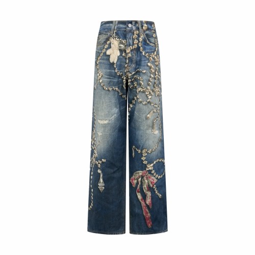 1:1 quality version Metal Chain Print Hanging Plush Bear Bow Embroidery Small Rip Loose Straight Denim Jeans 29330290