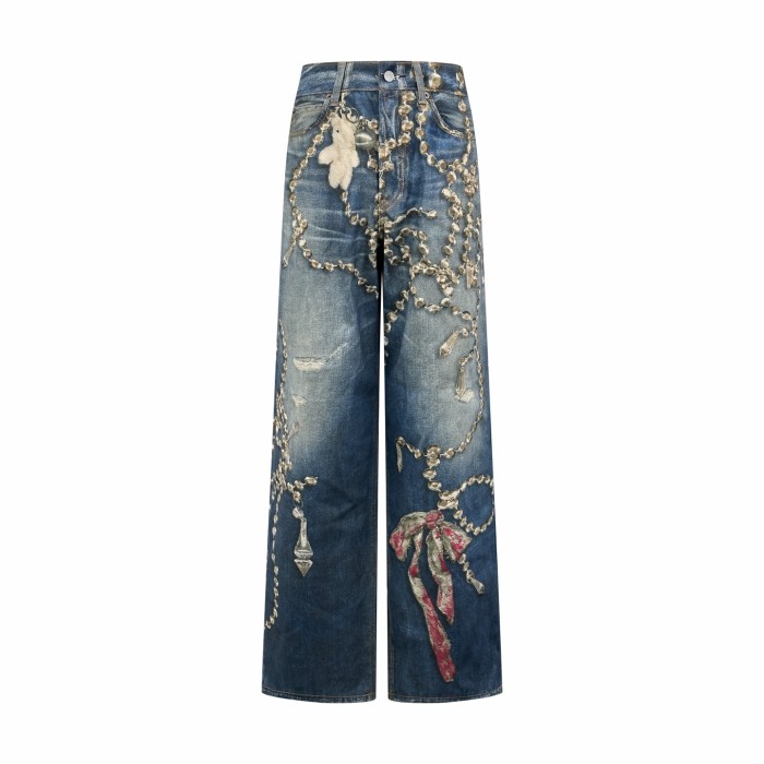 1:1 quality version Metal Chain Print Hanging Plush Bear Bow Embroidery Small Rip Loose Straight Denim Jeans 29330290
