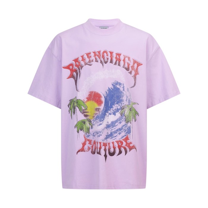 1:1 quality version Vintage Coastal Surf Wave Coconut Palm Sunset Gothic Font Faded Distressed Print Oversized T-shirt 3 colors 29330445