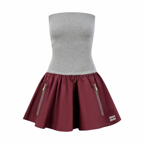 1:1 quality version Tube Top Waist Cinch Spliced Wine Red Poplin Gathered Flare Double Side Zipper Pockets Hem Letter Embroidery Mini One Piece Dress 29329408