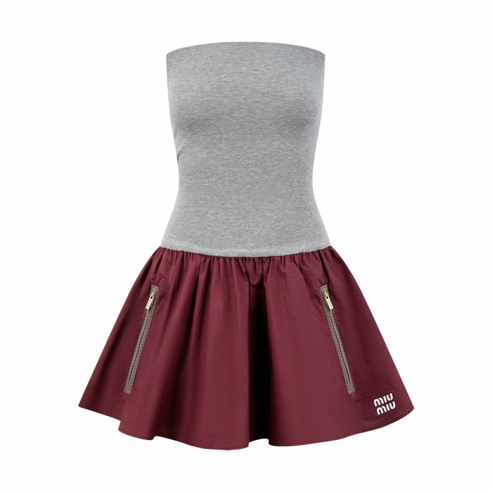 1:1 quality version Tube Top Waist Cinch Spliced Wine Red Poplin Gathered Flare Double Side Zipper Pockets Hem Letter Embroidery Mini One Piece Dress 29329408