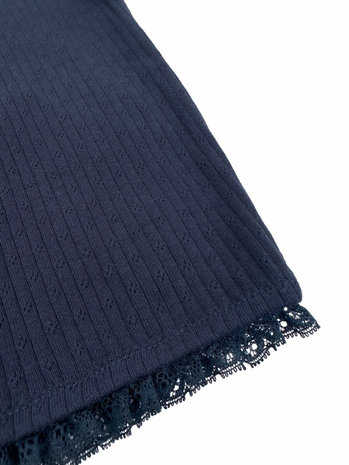 1:1 quality version Miu Woven Label Vertical Eyelet Jacquard Cuff Hem Lace Fringe Slim T-shirt 3 colors 29330298