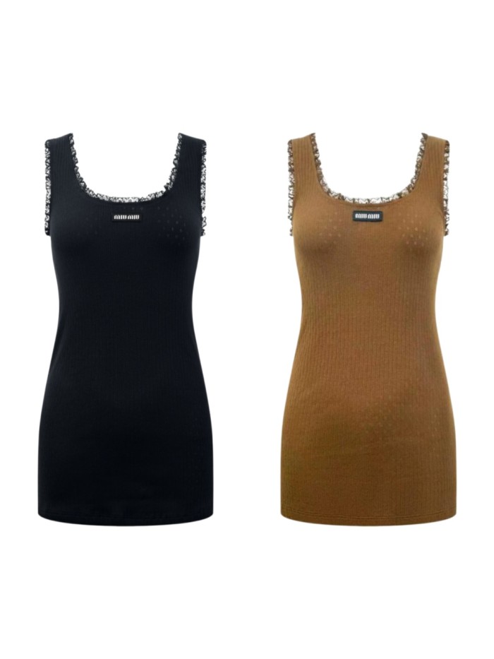 1:1 quality version U Square Neck Lace Ruffle Binding Vertical Rib Eyelet Jacquard Chest Woven Label Mini LogoTank Top 2 colors 29330300