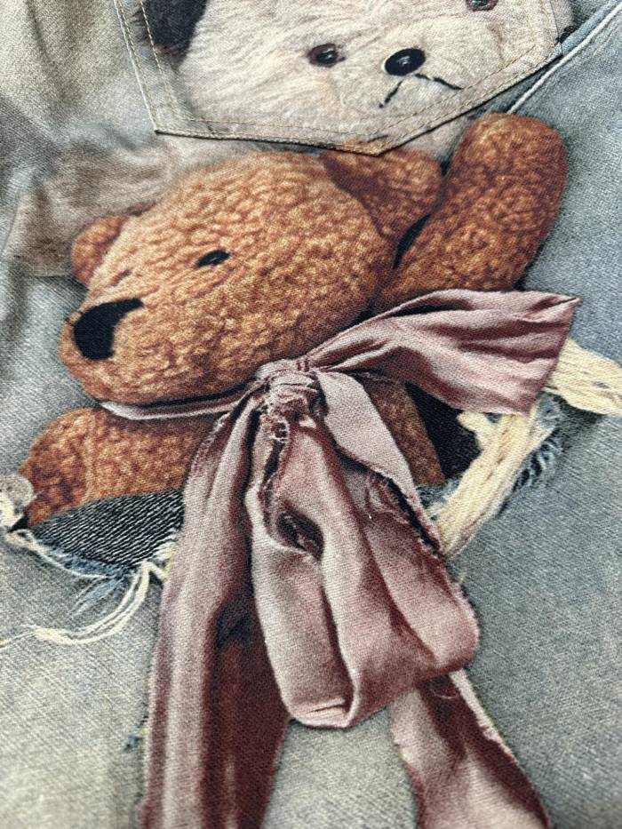 1:1 quality version Side Ribbon Bow Multi Position Broken Teddy Print Baggy Loose Five Inch Denim Bermuda Shorts 29330261