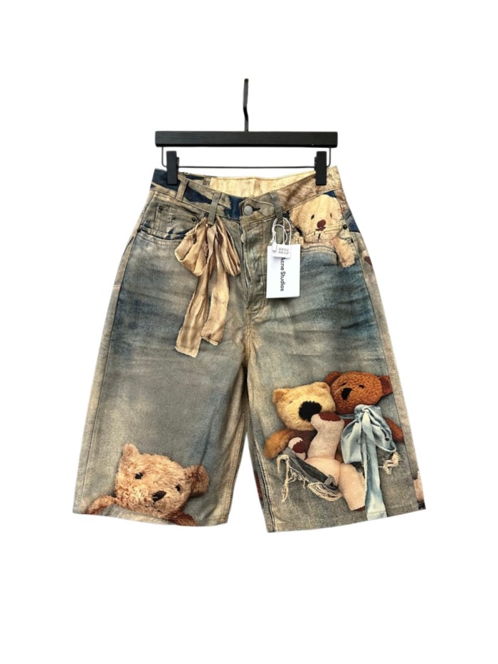 1:1 quality version Side Ribbon Bow Multi Position Broken Teddy Print Baggy Loose Five Inch Denim Bermuda Shorts 29330261
