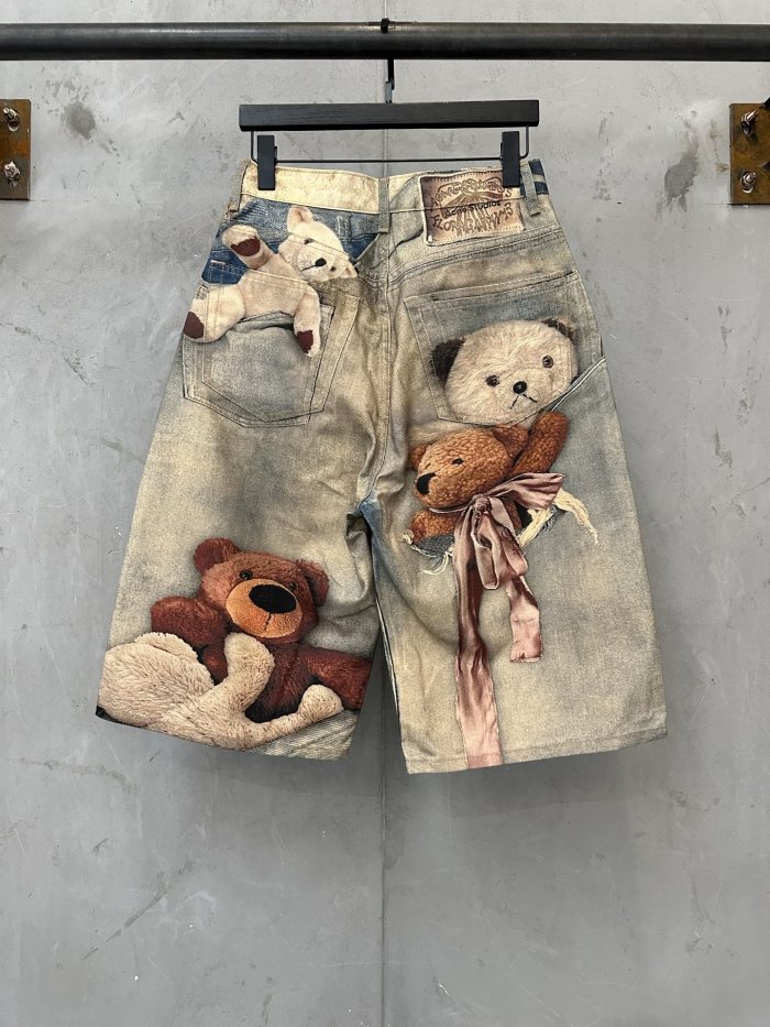 1:1 quality version Side Ribbon Bow Multi Position Broken Teddy Print Baggy Loose Five Inch Denim Bermuda Shorts 29330261