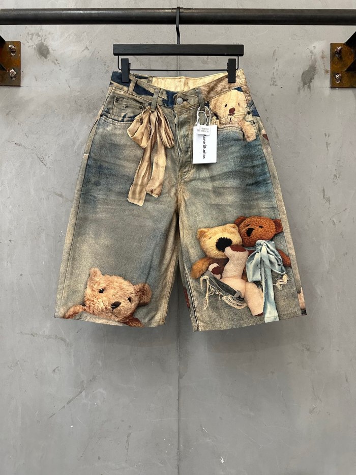 1:1 quality version Side Ribbon Bow Multi Position Broken Teddy Print Baggy Loose Five Inch Denim Bermuda Shorts 29330261