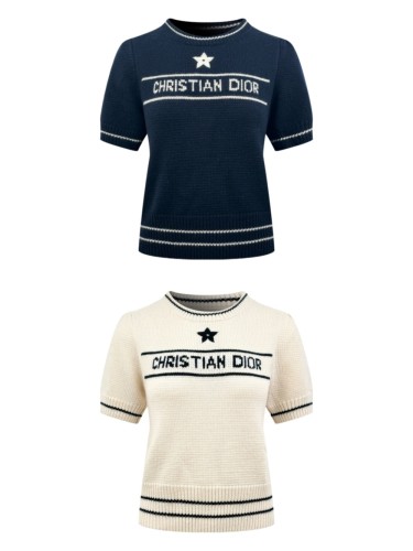 1:1 quality version Letter Five Point Star Jacquard Neck Cuff Hem Double Contrast Stripe Slim Cropped Knit T-shirt 2 colors 29330241