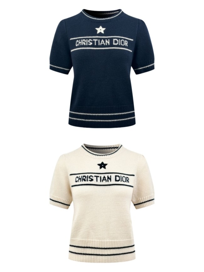 1:1 quality version Letter Five Point Star Jacquard Neck Cuff Hem Double Contrast Stripe Slim Cropped Knit T-shirt 2 colors 29330241