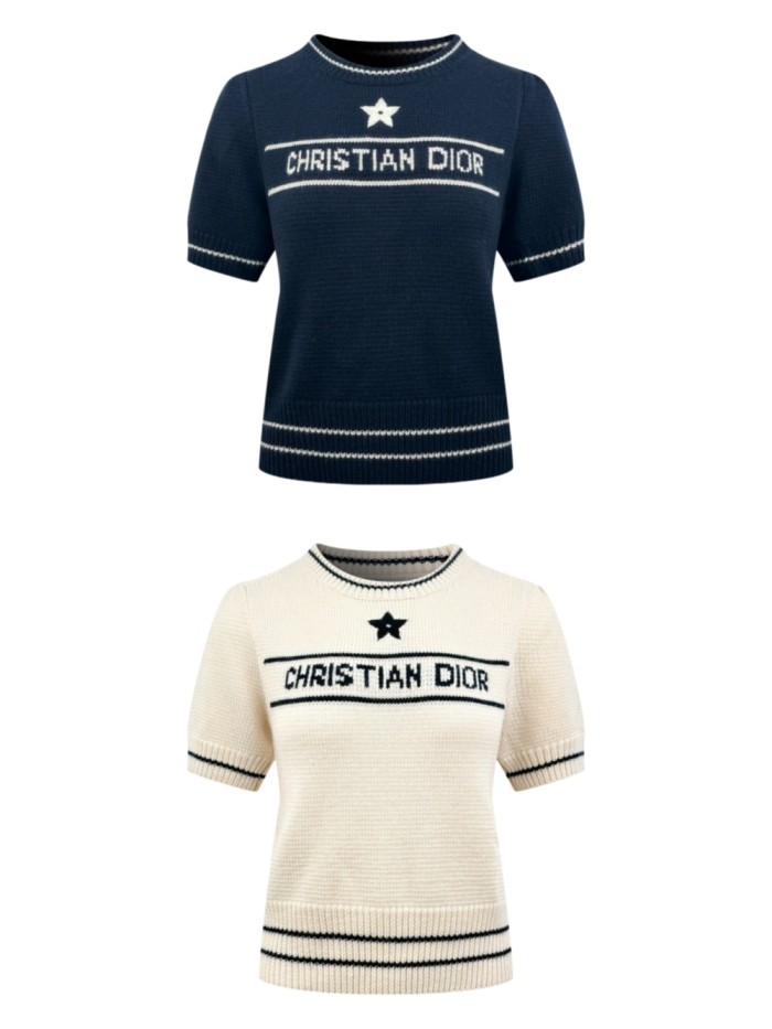 1:1 quality version Letter Five Point Star Jacquard Neck Cuff Hem Double Contrast Stripe Slim Cropped Knit T-shirt 2 colors 29330241