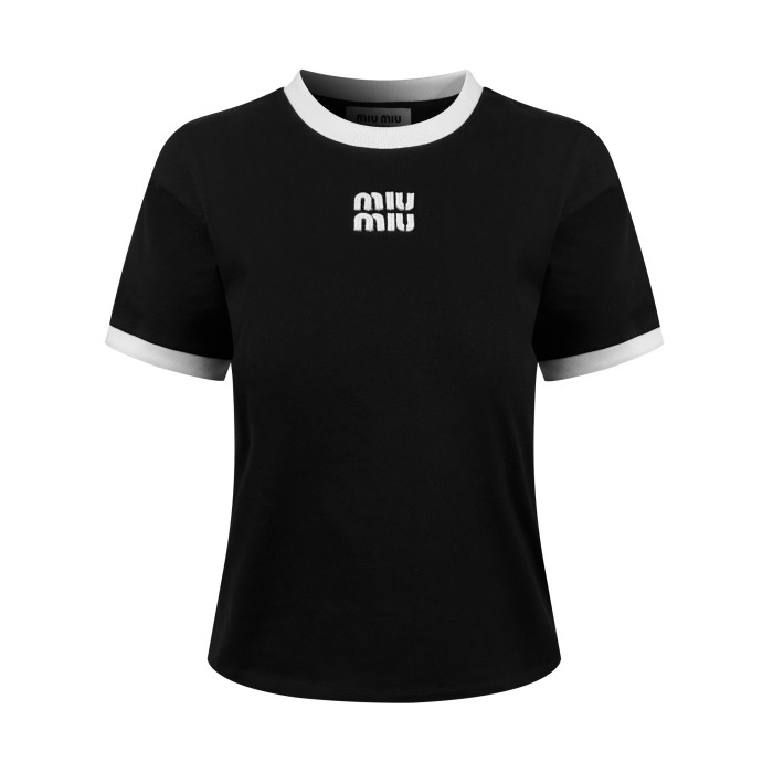 1:1 quality version Black White Contrast Binding Vintage Letter Embroidery Cropped T-shirt 2 colors 29330340