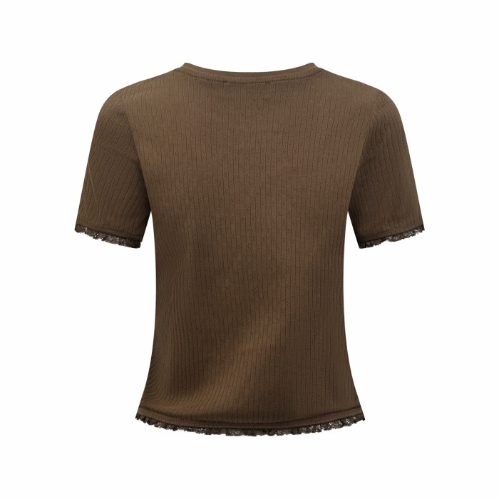 1:1 quality version Miu Woven Label Vertical Eyelet Jacquard Cuff Hem Lace Fringe Slim T-shirt 3 colors 29330298