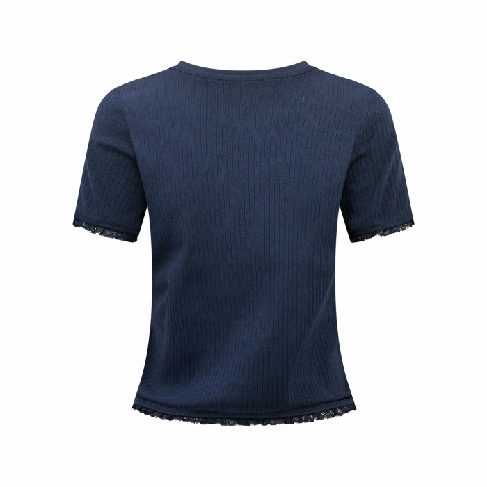 1:1 quality version Miu Woven Label Vertical Eyelet Jacquard Cuff Hem Lace Fringe Slim T-shirt 3 colors 29330298