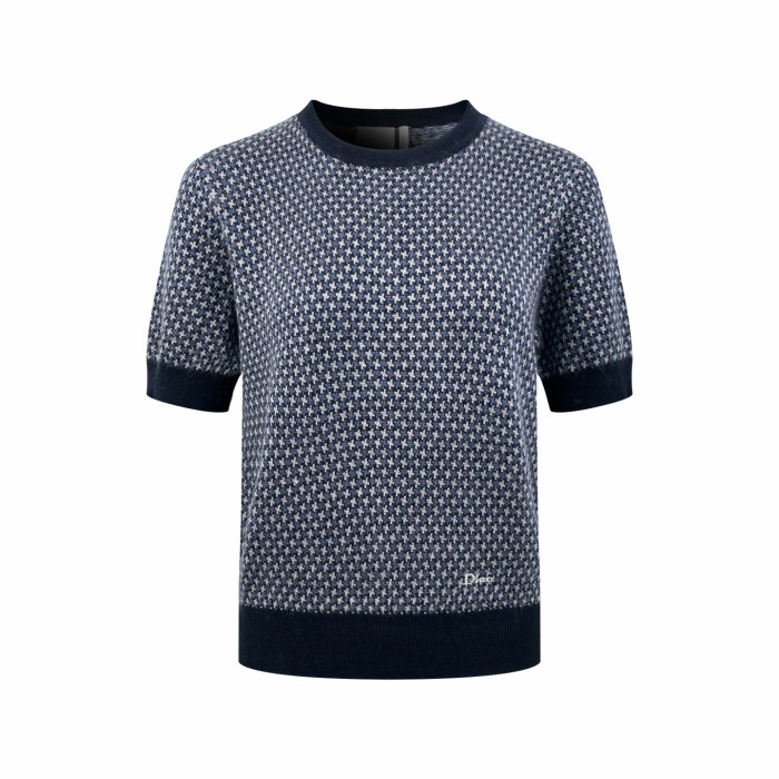 1:1 quality version Small Letter Embroidery Navy White Contrast Rib Binding Luxury Daily Slim Base Knit T-shirt 29330288