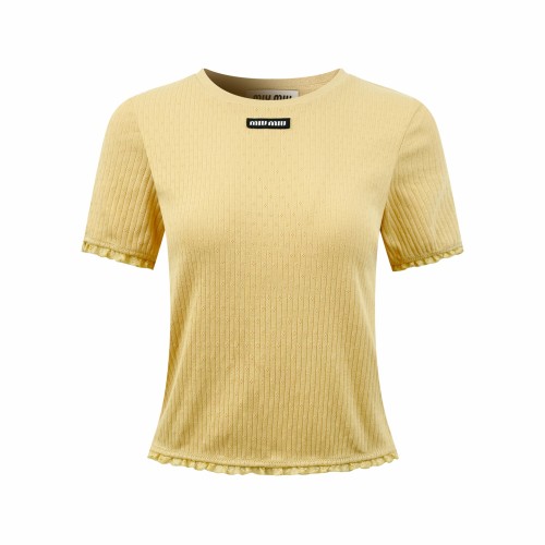 1:1 quality version Miu Woven Label Vertical Eyelet Jacquard Cuff Hem Lace Fringe Slim T-shirt 3 colors 29330298