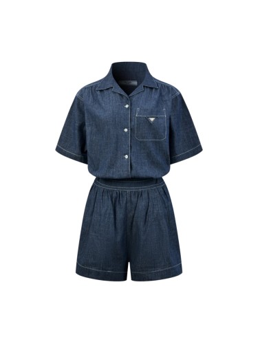 1:1 quality version Triangle Metal Badge Short Sleeve Shirt Elastic Waist Gathered Wide Leg Bermuda Shorts Two Piece Casual Set 29330316