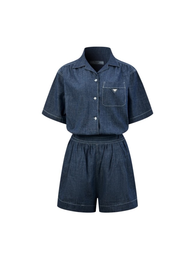 1:1 quality version Triangle Metal Badge Short Sleeve Shirt Elastic Waist Gathered Wide Leg Bermuda Shorts Two Piece Casual Set 29330316