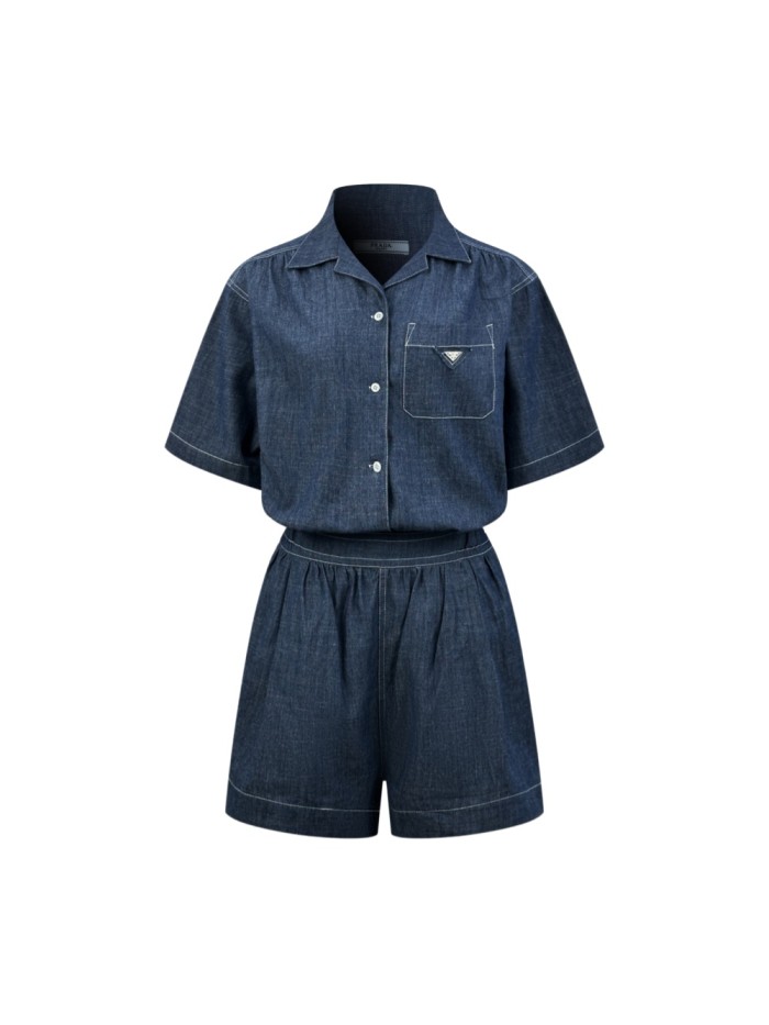1:1 quality version Triangle Metal Badge Short Sleeve Shirt Elastic Waist Gathered Wide Leg Bermuda Shorts Two Piece Casual Set 29330316