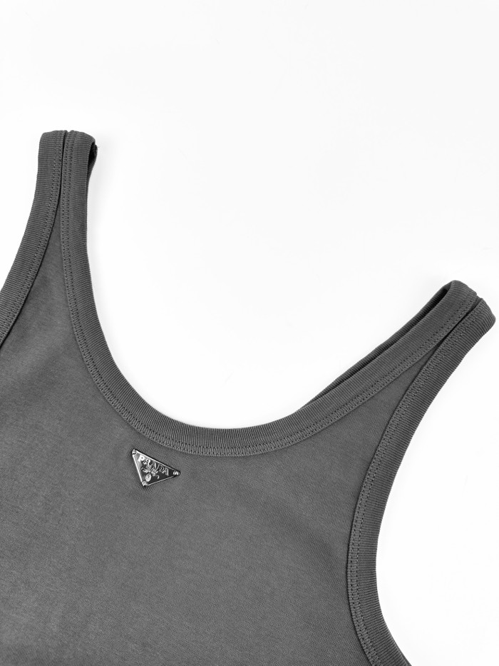 1:1 quality version U Neck Wide Strap Triangle Metal Logo Fitted Bodycon Mini Slip Tank Top 29329316