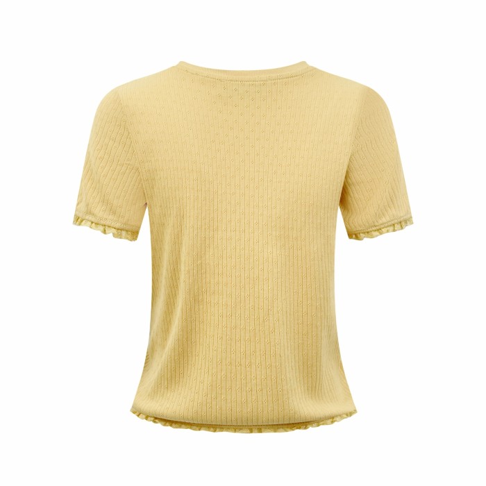 1:1 quality version Miu Woven Label Vertical Eyelet Jacquard Cuff Hem Lace Fringe Slim T-shirt 3 colors 29330298