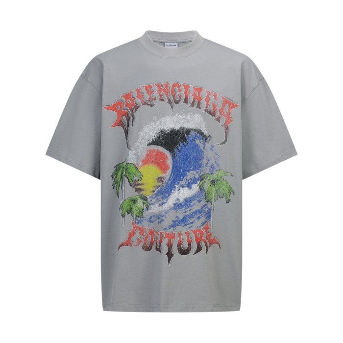 1:1 quality version Vintage Coastal Surf Wave Coconut Palm Sunset Gothic Font Faded Distressed Print Oversized T-shirt 3 colors 29330445