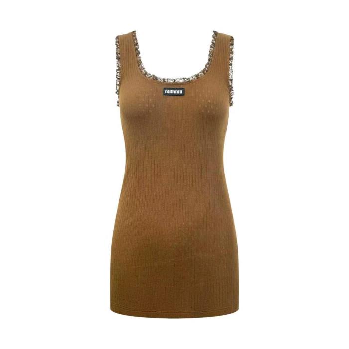 1:1 quality version U Square Neck Lace Ruffle Binding Vertical Rib Eyelet Jacquard Chest Woven Label Mini LogoTank Top 2 colors 29330300
