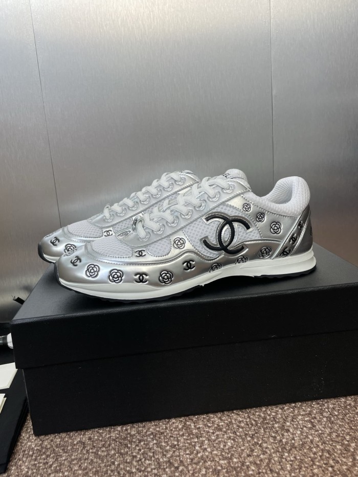 1:1 quality version Camellia CC Logo Print Metallic Leather Mesh Lace Up Low Top Running Sneakers 5 colors 29332747
