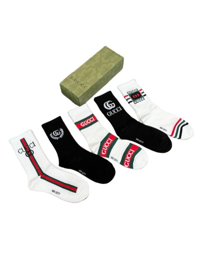 Classic Red Green Web Stripe Interlocking GG Letter Mid Calf Socks 5 Pairs Per Box 29332328