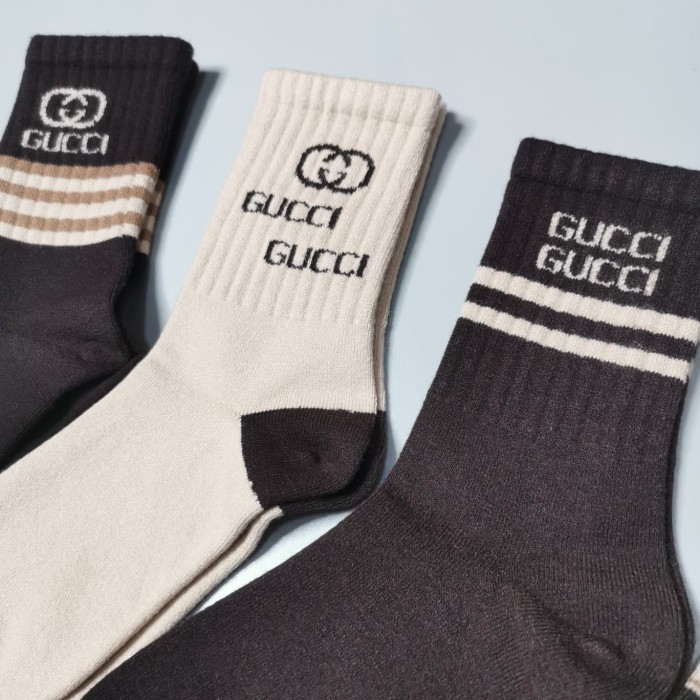 Interlocking GG Milk Coffee Brown White Stripe Thick Cashmere Mid Calf Socks 5 Pairs Per Box 29332326