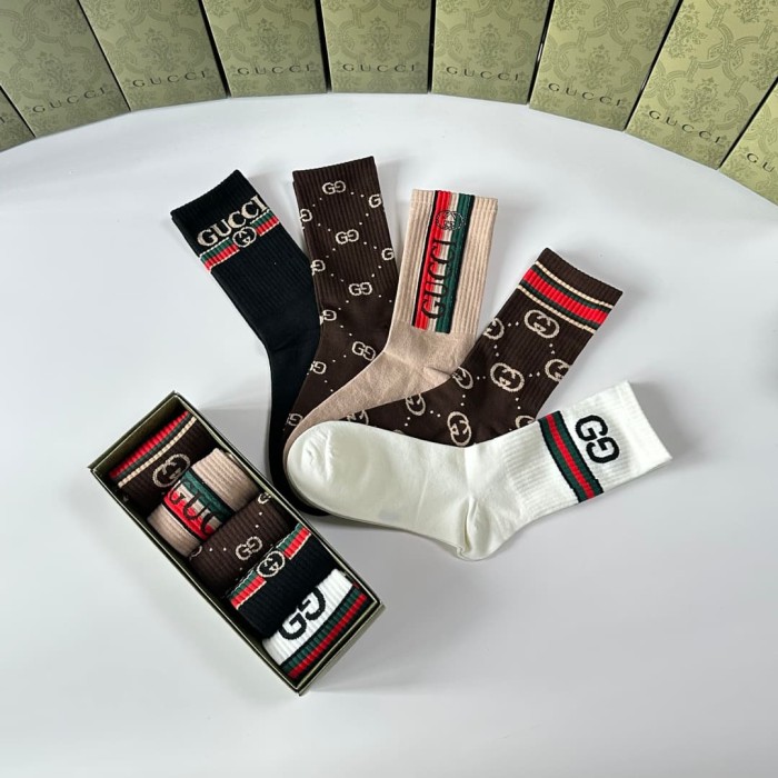 Brown Tone All Over Print Interlocking GG Monogram Slouch Socks 5 Pairs Per Box 29332329