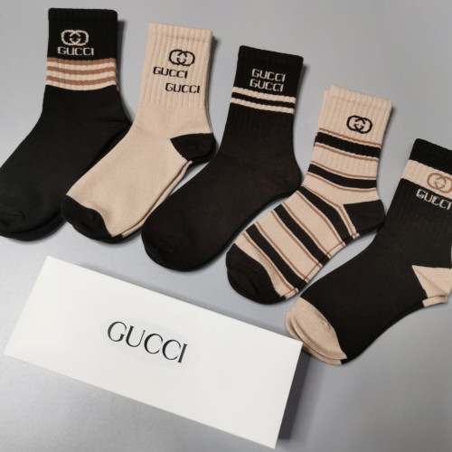 Interlocking GG Milk Coffee Brown White Stripe Thick Cashmere Mid Calf Socks 5 Pairs Per Box 29332326