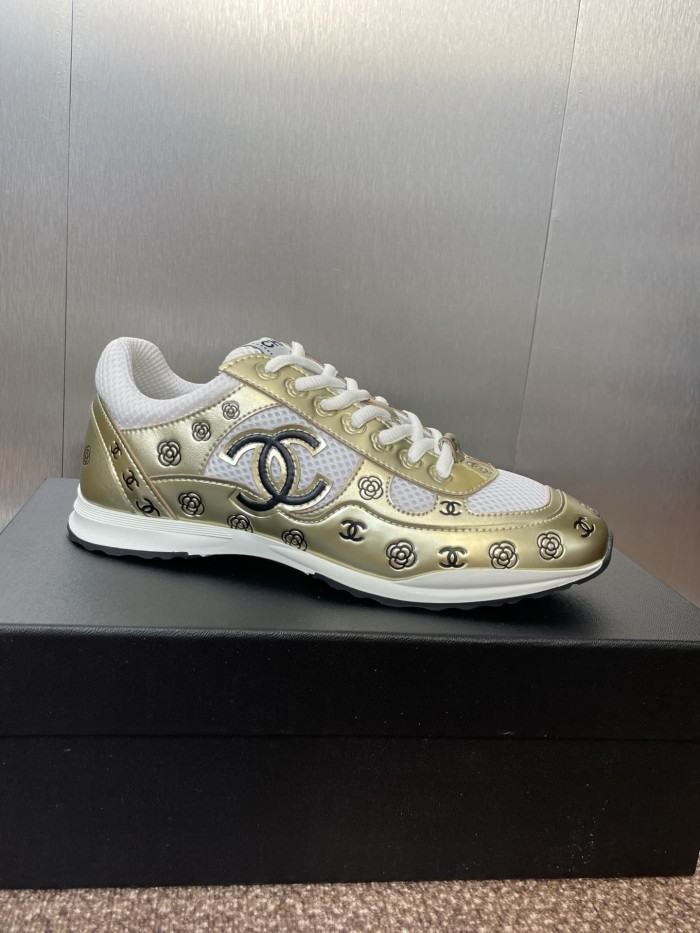 1:1 quality version Camellia CC Logo Print Metallic Leather Mesh Lace Up Low Top Running Sneakers 5 colors 29332747