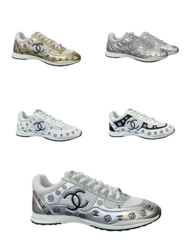 1:1 quality version Camellia CC Logo Print Metallic Leather Mesh Lace Up Low Top Running Sneakers 5 colors 29332747