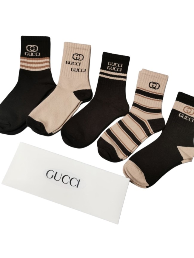 Interlocking GG Milk Coffee Brown White Stripe Thick Cashmere Mid Calf Socks 5 Pairs Per Box 29332326